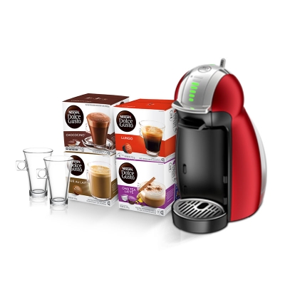 Dolce Gusto Cafetera Genio Rojo Metálico Con Juego De Tazas Y Capsulas