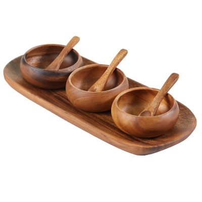 Fuente para Servir 3 Aperitivo con Bandeja de Madera 6"
