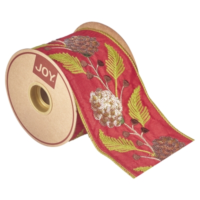 Cinta Bordado Hojas Rojas 4 Pulgadas