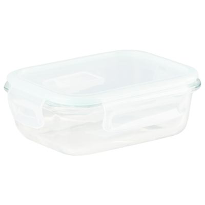 Contenedor Vidrio Rectangular Tapa Azul 370ml 6x4x2"