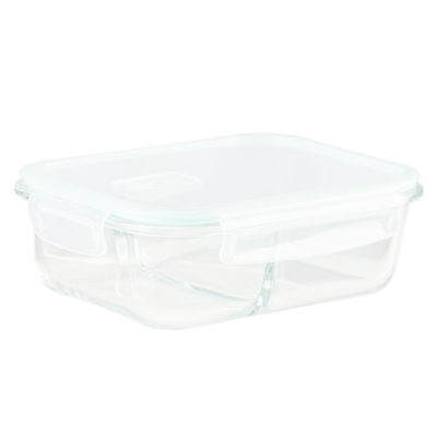 Contenedor Vidrio Rectangular 2 Divisiones Tapa Azul 1070ml 8x6x3"