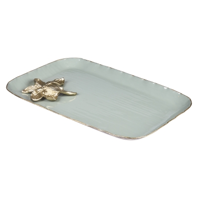 Bandeja Decorativa Flor Haus Clásica Metal Turquesa Dorado 16x9 Pulgadas