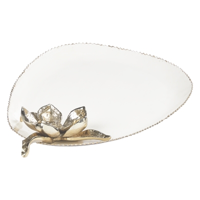 Bandeja Decorativa Flor Ovalada Haus Clásica Metal Champaña 17x12 Pulgadas