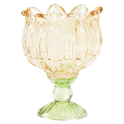 Portavela Flor Con Pie Vidrio Verde Naranja Grande 5x6"