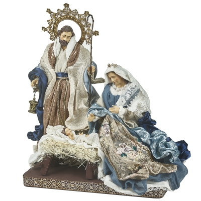 Nacimiento Sagrada Familia Azul Crema Dorado 14 Pulgadas