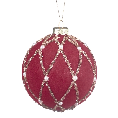 Bola Terciopelo Rojo Perlas Blancas 4 Pulgadas