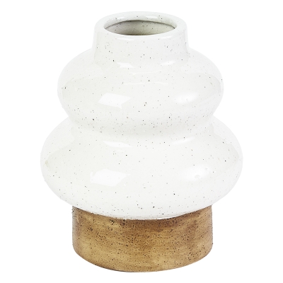 Jarrón Coastal Cerámica Blanco con Base Marrón 6x7"
