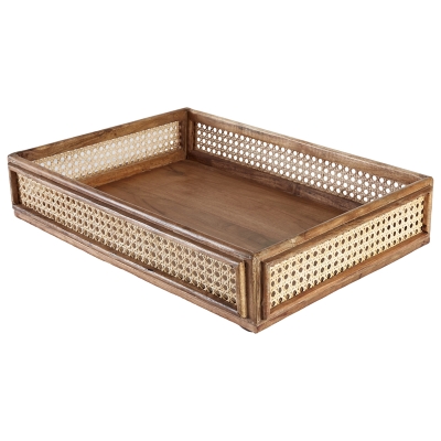 Bandeja de Servir Madera y Ratán 20x14x2"